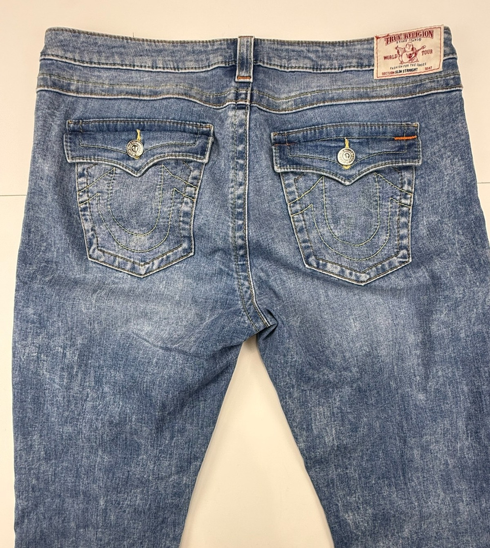 True Religion Mens Jeans 34 Blue Flap Pocket Horseshoe Straight Leg Distressed